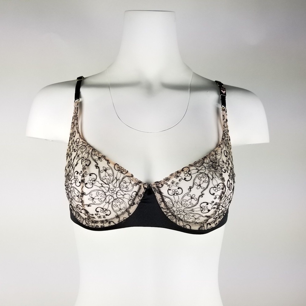 Victorias Secret Very Sexy Unlined Demi Bra Size 32 D Black and Pink Floral Lace